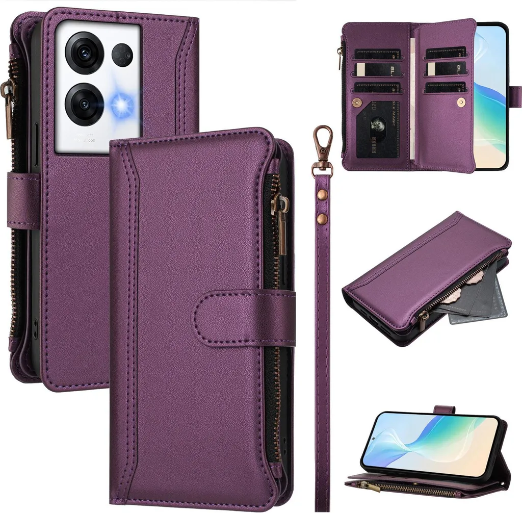Custodia per Oppo Reno8 Pro 5G/Reno8 Pro+, con cerniera, portafoglio in Finto cuoio con tasche per carte, supporto e passante per la mano Viola