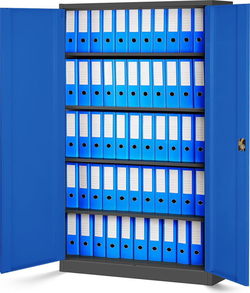 2er Set Aktenschrank XXL C001II Büroschrank Metallschrank Flügeltüren Stahlblech Pulverbeschichtung 185 cm x 115 cm x 40 cm Farbe: Anthrazit/Blau