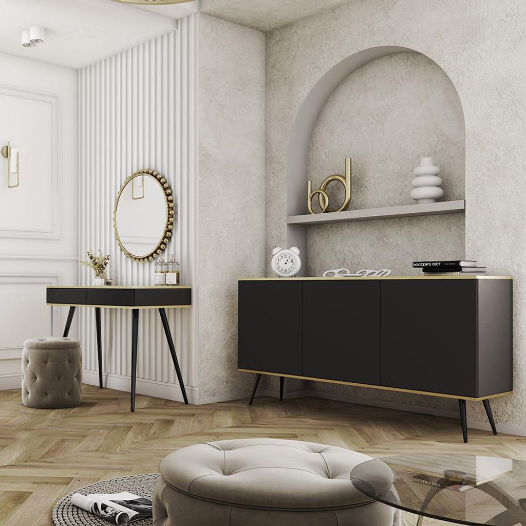 Wohnmöbel Set 2-teilig mit Sideboard & Schminktisch in Schwarz, griffloses Design - OLOVO-160