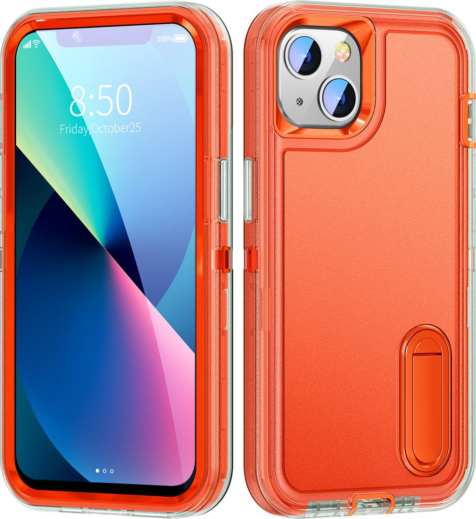 Hülle für iPhone 13 /iPhone 14 Hybrid Dreilagige Robust Stoßfest Schwerlast Schutzhülle mit Ständer Orange