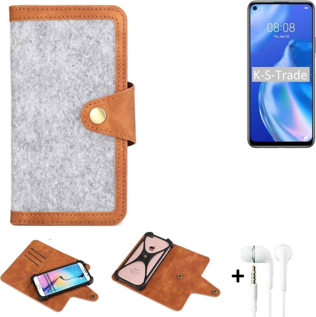 K-S-Trade Handyhülle + Kopfhörer kompatibel mit Huawei P40 lite 5G Schutzhülle Filz Hülle Kunstleder hellgrau braun (1x)