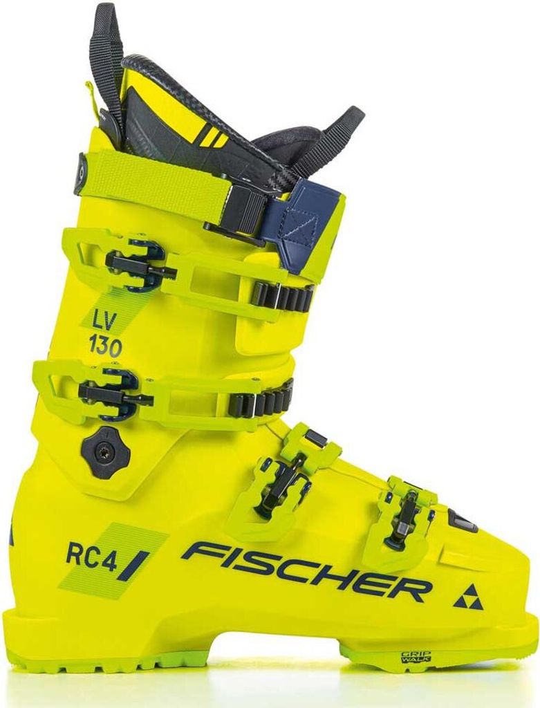 A single yellow ski boot is shown against a white background.