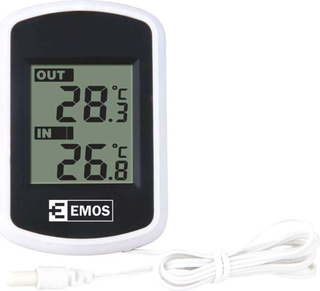 A digital thermometer with an outdoor sensor and cable, displaying both indoor and outdoor temperatures.
