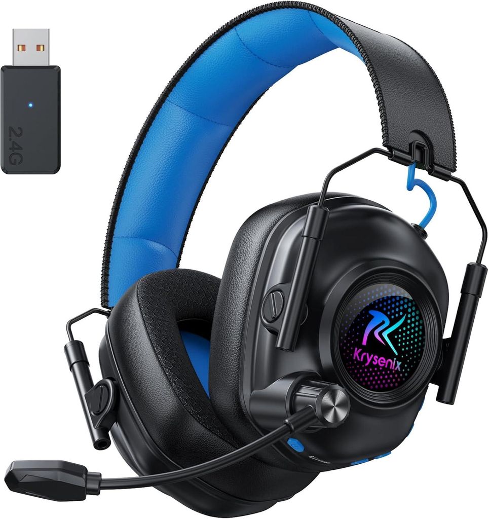 Krysenix KGH2 Gaming Headset Wireless für PS4, PS5, PC, Mac, Switch, 2.4GHz Gaming Headset mit Mikrofon, Faltbares Noise Cancelling Kabelloses Hea...