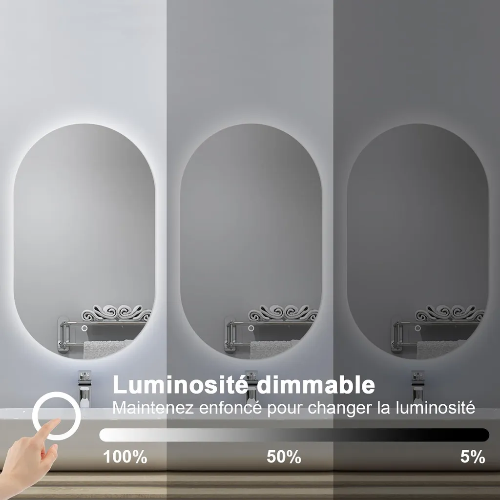 Miroir LED 60x100cm Blanc 6000k avec Luminosité Variable et Arrêt Auto