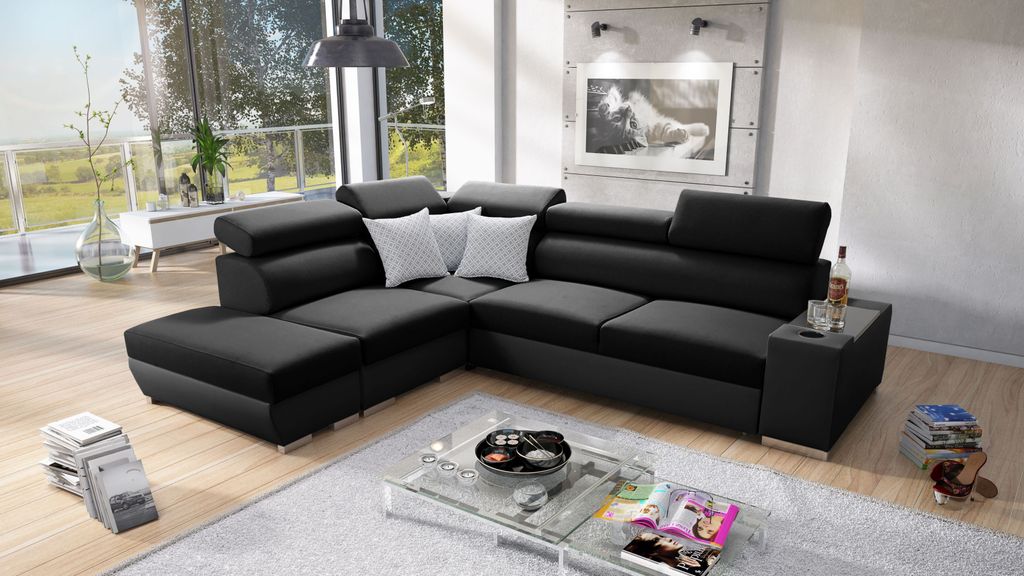 Ecksofa mit Schlaffunktion Eckcouch PERS VII Sofa Links Schwarz Sawana 14 + schwarzes Kunstleder
