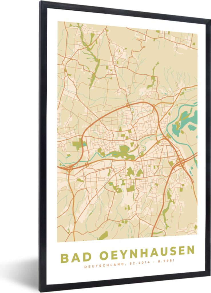 MuchoWow Gerahmtes Poster Bad Oeynhausen - Jahrgang - Karte - Stadtplan 20x30 cm - Poster mit Schwarzem Bilderrahmen Wandposter Rahmen Foto Bilde...