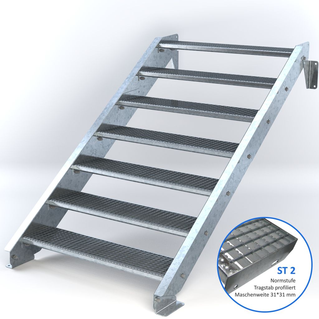 Stahltreppe 7 Stufen bis Höhe 140 cm, Laufbreite : 110 cm kein Geländer ST 2 (31 / 31 mm gezackt)