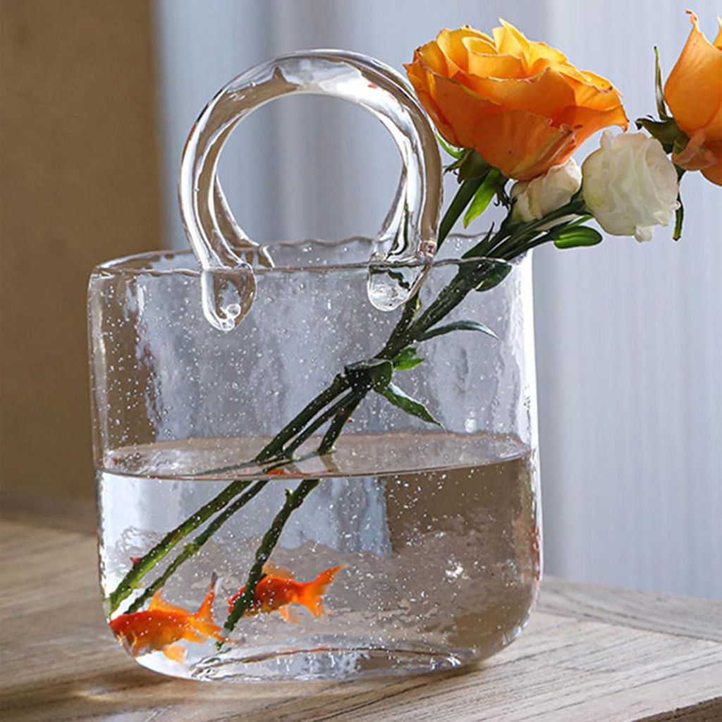 Geldbörse Vase für Blumen, Glasbeutel Vase mit Fischschale, Handtasche einzigartige Blumenvase dekorativ, klare Glasvase mit Griffen in Geldbörs...