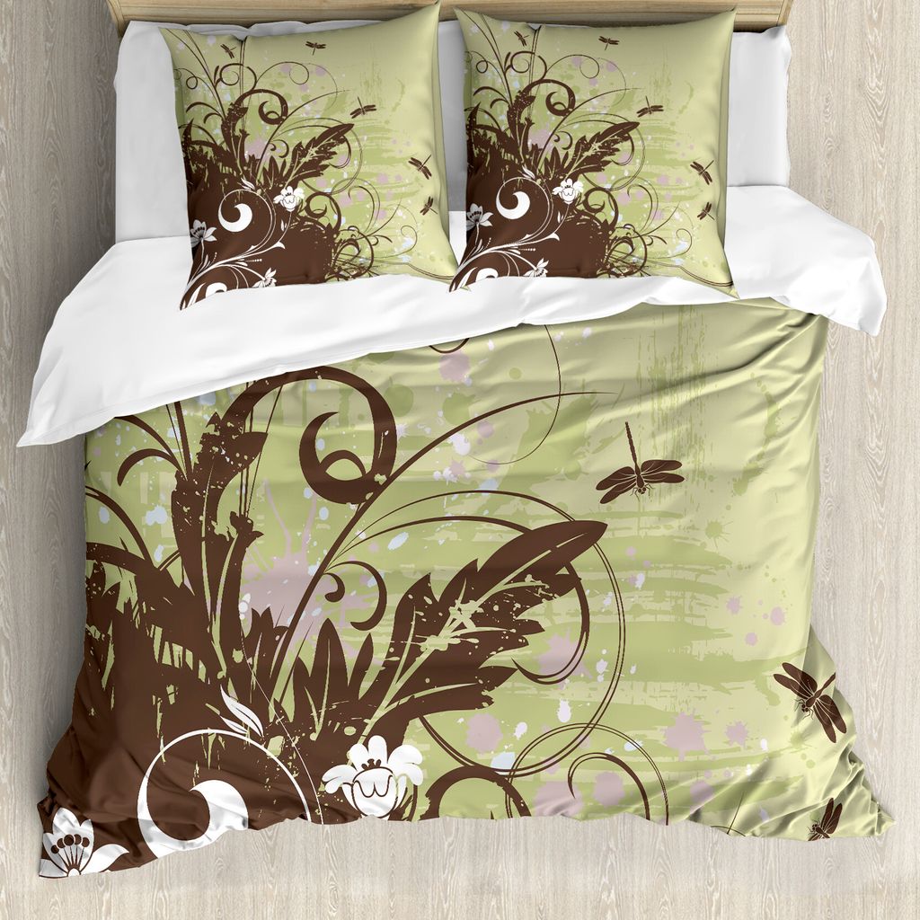 ABAKUHAUS Libelle Bettbezug, Retro Flower Grunge, Milbensicher Allergiker geeignet mit Kissenbezügen, 155 cm x 220 cm - 80 x 80 cm, Khaki Braun Fl...