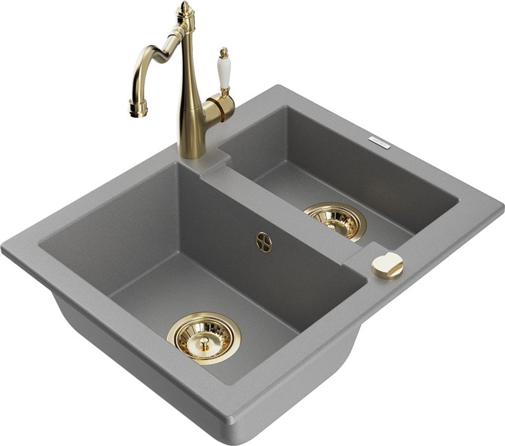 Mexen Carlos 1,5-Becken-Granitspüle mit Mischbatterie Carla, Grau - 6518-71-670700-50