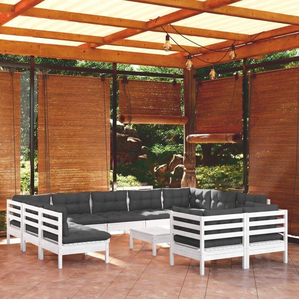 Maison Exclusive - 12-tlg. Garten-Lounge-Set mit Kissen Weiß Kiefer Massivholz