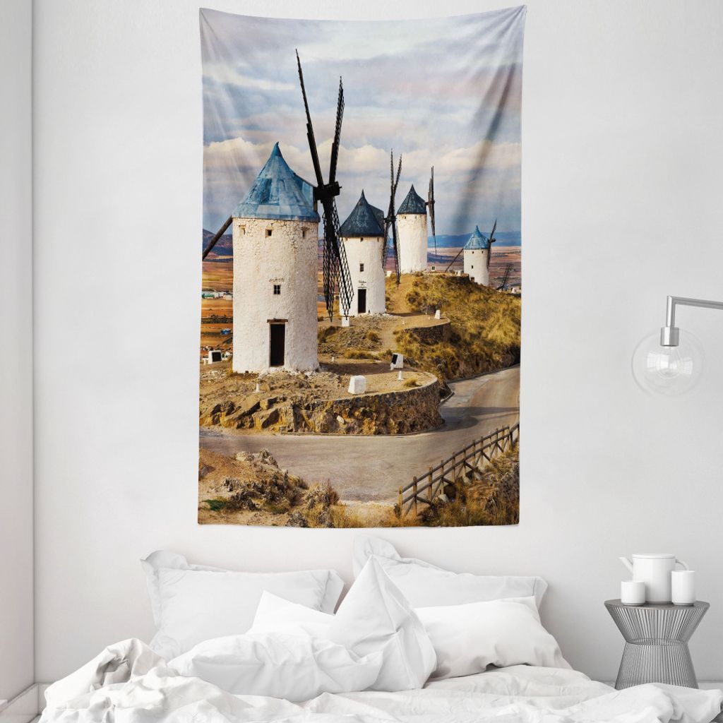 ABAKUHAUS Windmühle Wandteppich und Tagesdecke, Medieval Old Spanien aus Weiches Mikrofaser Stoff Waschbar ohne Verblassen Digitaldruck, 140 x 230...