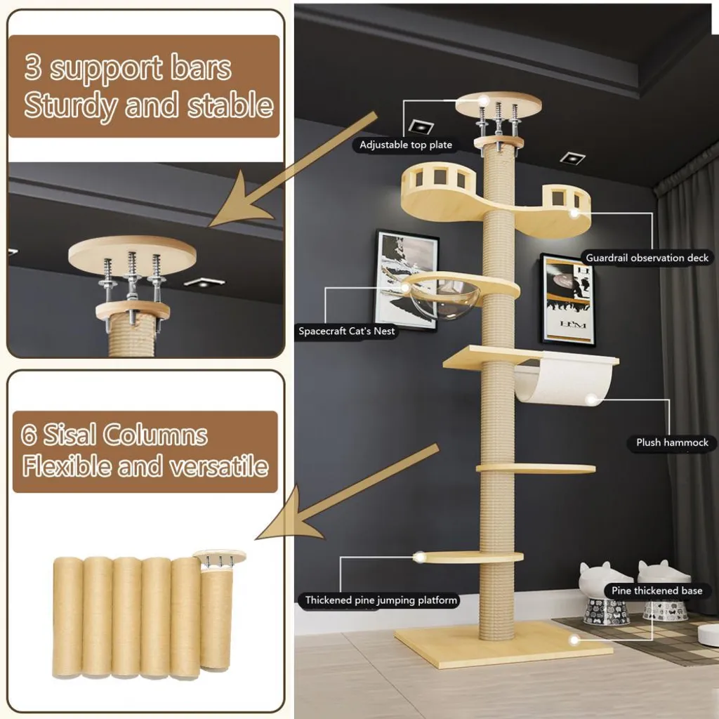 Arbre à chats 6 étages avec kit de fixation plafond et hauteur variable - 4
