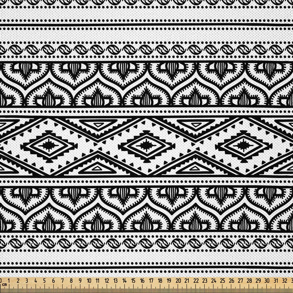 ABAKUHAUS Ethnisch Satin Stoff als Meterware, Orientalische Stammes-marokkanische runde Art-Linien punktiert geometrisches Form-Grafik-Bild, 3 M (1...