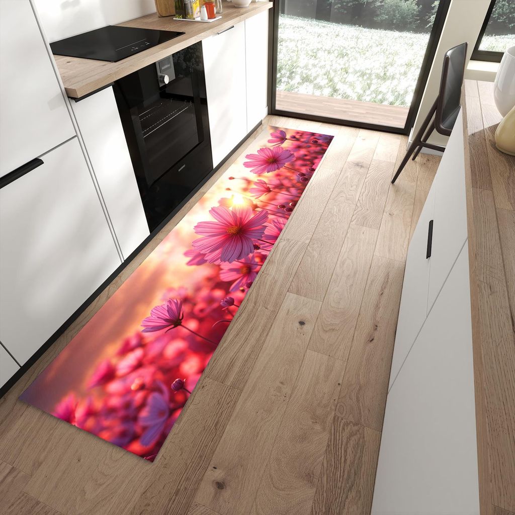 Küchenteppich 60x270cm rutschfest & abwischbar PVC Läufer - Blumenfeld Sonnenuntergang