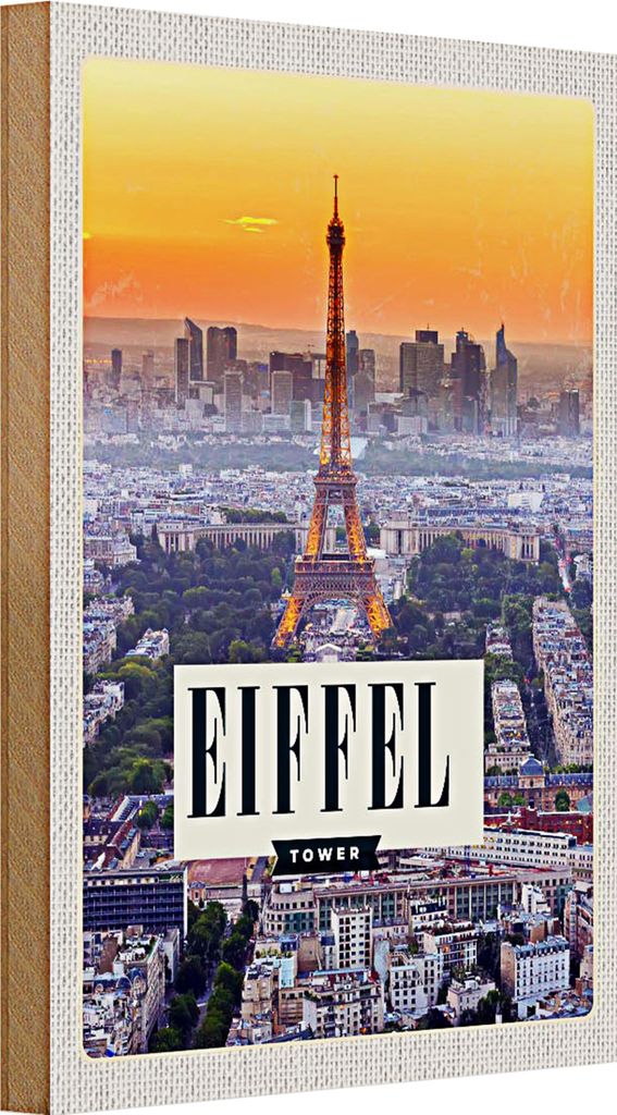 Holzschild Reise 20x30cm Eiffel tower Sonnenuntergang Stadt