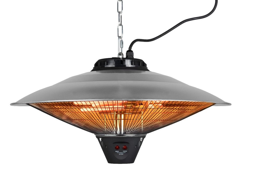 A hanging patio heater with its heating elements glowing.