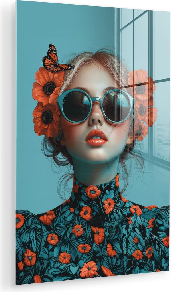 MuchoWow Glasbilder - Bilder auf Wandbild - Foto auf Glas Frau - Blau - Schmetterling - Floral - Ästhetisch 20x30 cm Wanddekoration aus Glas - Acr...