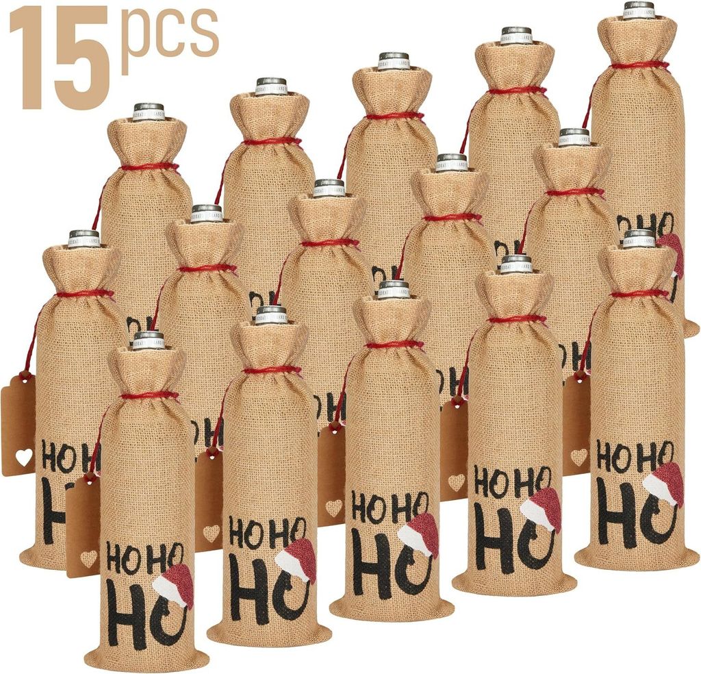 BRUBAKER 15er Set Weinbeutel für Weihnachten - HOHOHO mit Weihnachtsmütze - 36 cm x 17 cm Weinsack für Wein, Sekt, Champagner Jutesack , 15 Stück