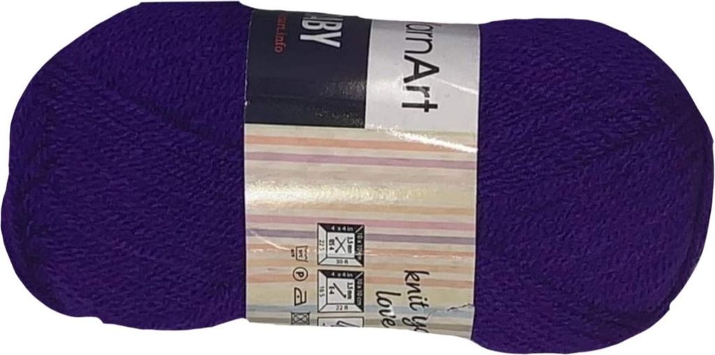 A ball of purple yarn with a label.