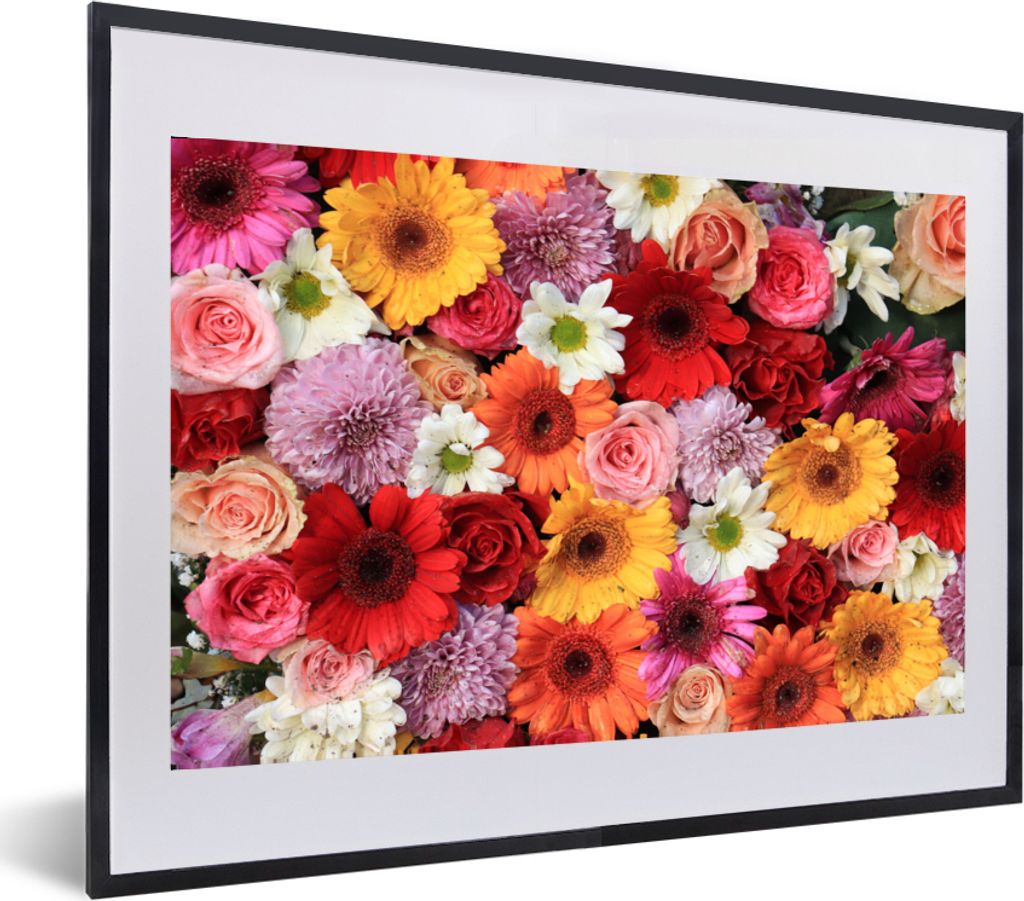 MuchoWow MuchoWow Gerahmtes Poster Blumen - Farben - Gerbera - Rosen 60x40 cm - Poster mit zchwarzem Bilderrahmen - Schlafzimmer - Plakat in Ra...