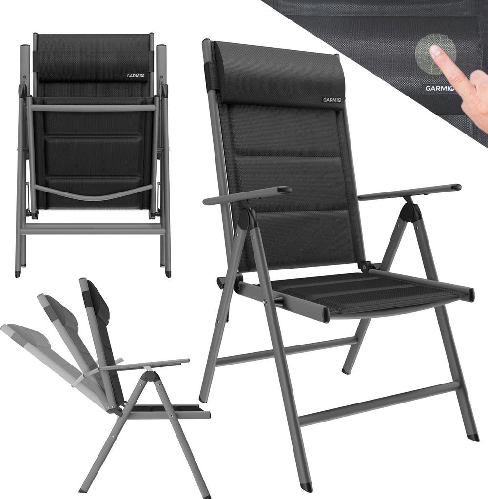 GARMIO Gartenstuhl Balkonstuhl FLORENZ schwarz, 7-fach verstellbar, klappbar, inkl. Nackenkissen, für Terrasse