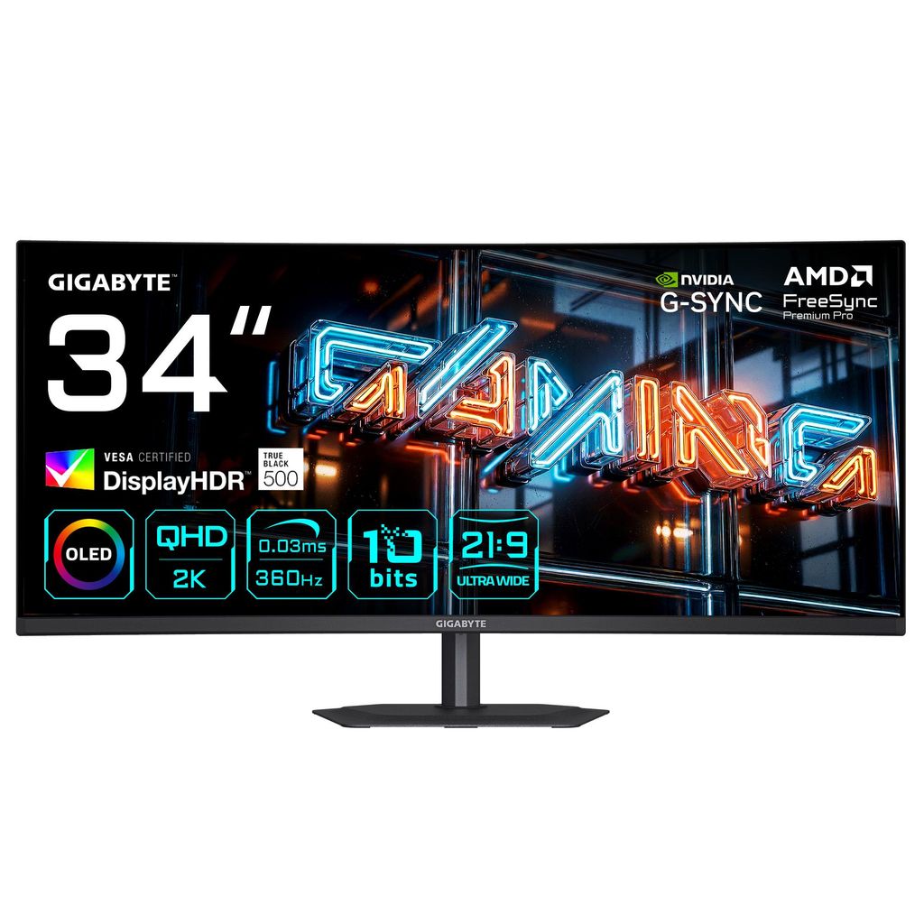GIGABYTE MO34WQC36 34” WQHD Curved Gaming-Monitor - 3440 x 1440, 360Hz, 0.03ms, KVM, 300 cd/m², FreeSync Premium Pro, DisplayHDR True Black 500,...