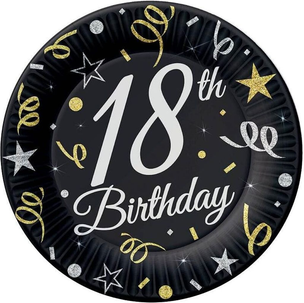 Runde Pappteller schwarz 18. Geburtstag 6 Stück