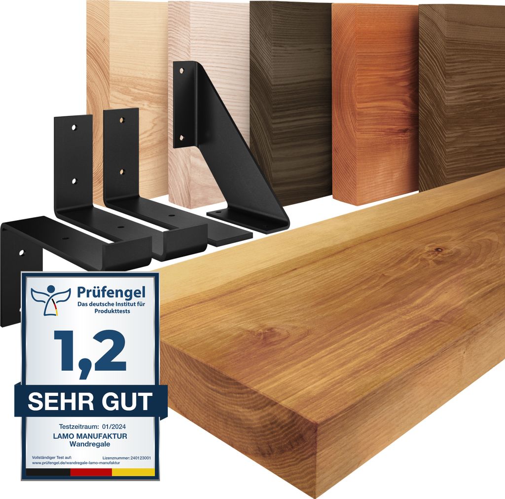 LAMO Manufaktur Wandregal Holz Gerade | Regal Farbe: Rustikal | mit weißem Vintage Regalträger | 90 cm