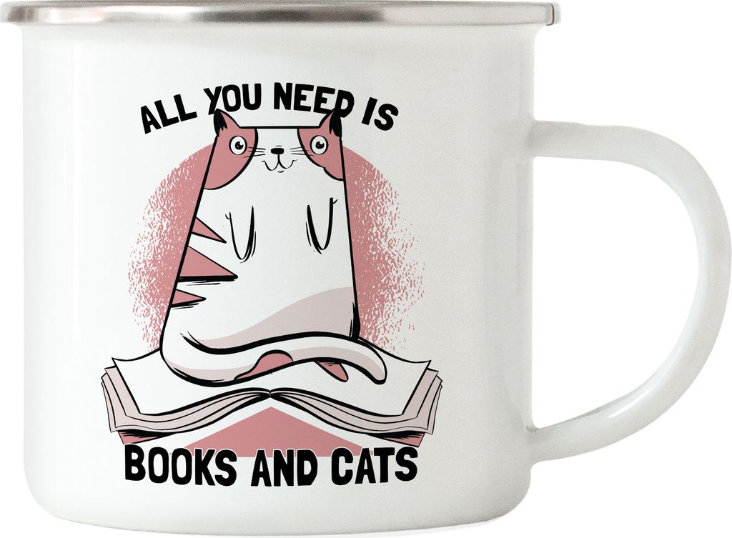 All you need is books and cats Emaille-Tasse Bücherliebhaber Katzenliebhaber Liebe zum Lesen Katzen Bücher Bücherwurm