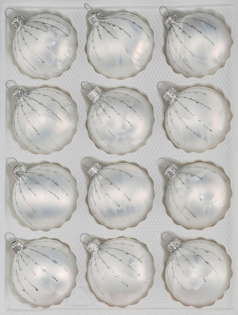 12 tlg. Glas-Weihnachtskugeln Set in Ice Weiss Silber Regen Produktbild 