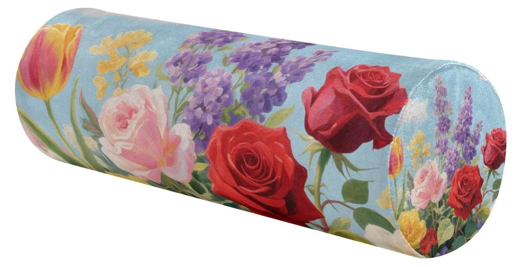 Dekorative Nackenrolle, bunt, mit Rosenblüten, rundes Kissen für den Nacken, aus Memory-Schaum, zylinderförmig, mit Reißverschluss