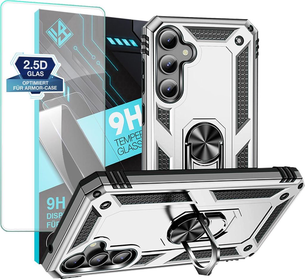 Armor Outdoor Handyhülle für Samsung Galaxy S23 FE Handy Panzer Case Schutzhülle mit 9H Displayglas Displayschutz Farbe: Silber