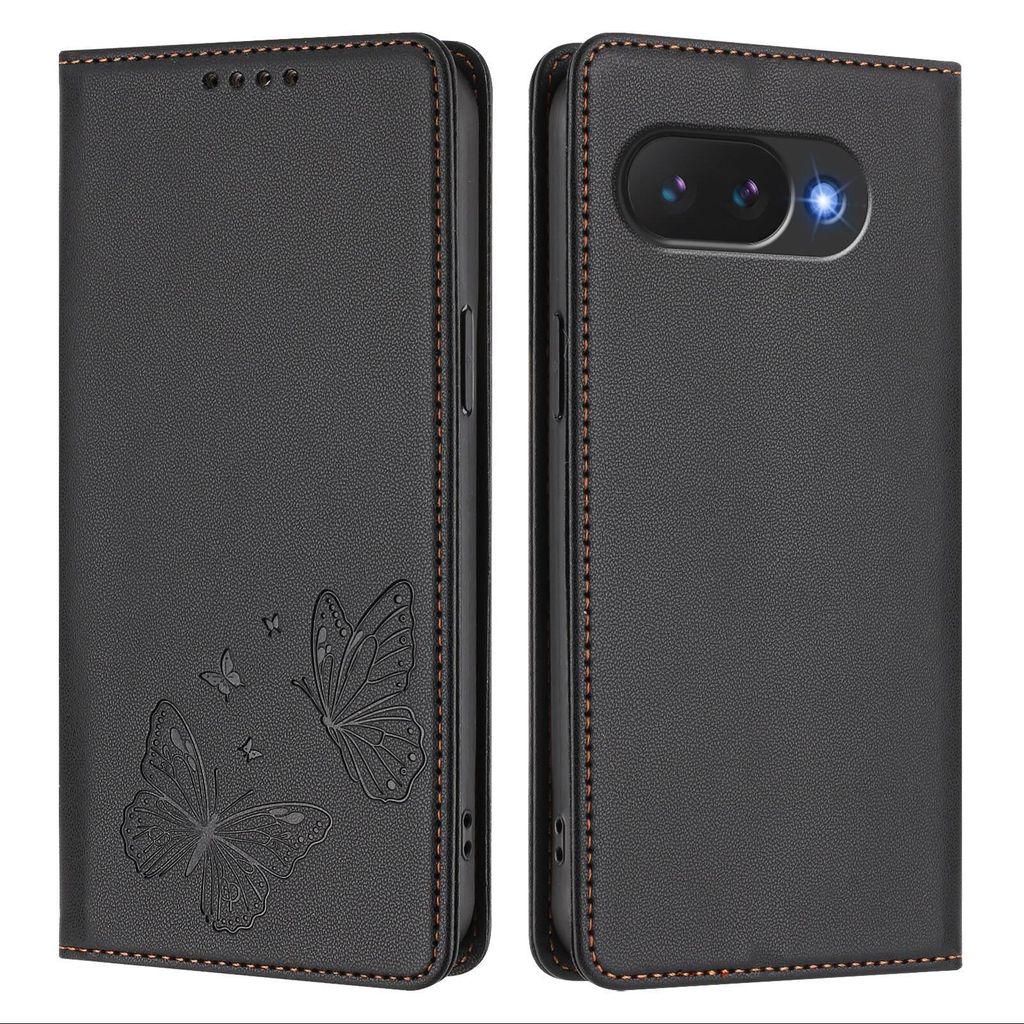 Lederhülle für Google Pixel 10A, Schmetterling Prägung Leder Brieftasche Schutzhülle mit Ständer Schwarz