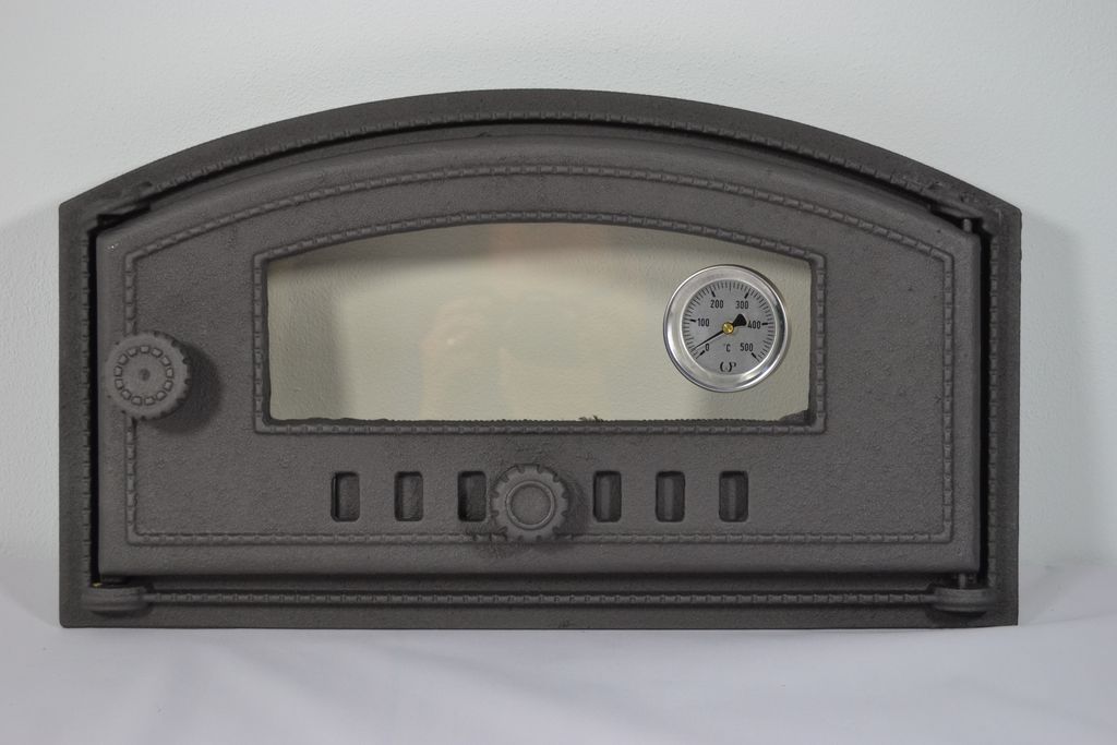 SEZAM - 48x27cm -Pizzaofentür Ofentür aus Gusseisen für Pizzaofen mit Thermometer, Backofen, Kamintür mit Glas, Backofentür Holzofentür Kache...