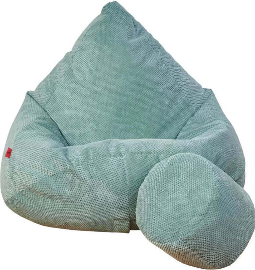 A mint-colored beanbag chair and footrest are shown against a white background.