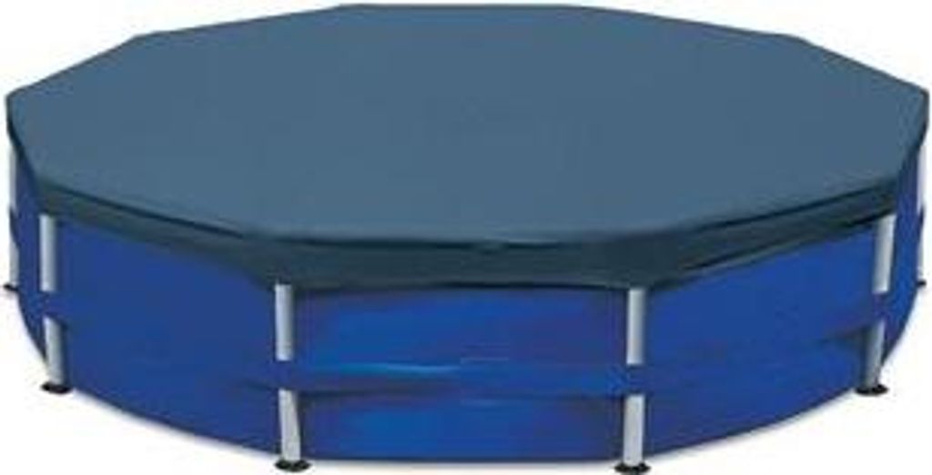 An octagonal pool cover on top of a blue pool.