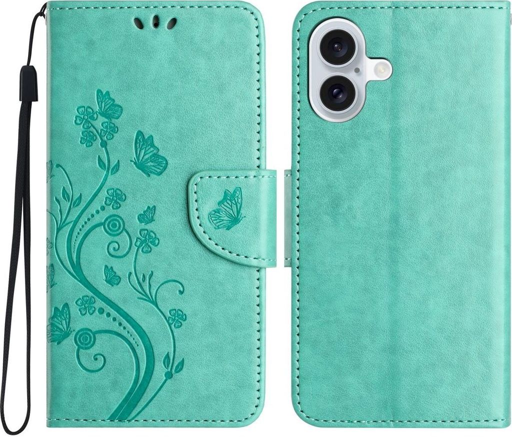 Mobigear Flowers iPhone 16 Hülle Klapphülle Geldbörse - Grün