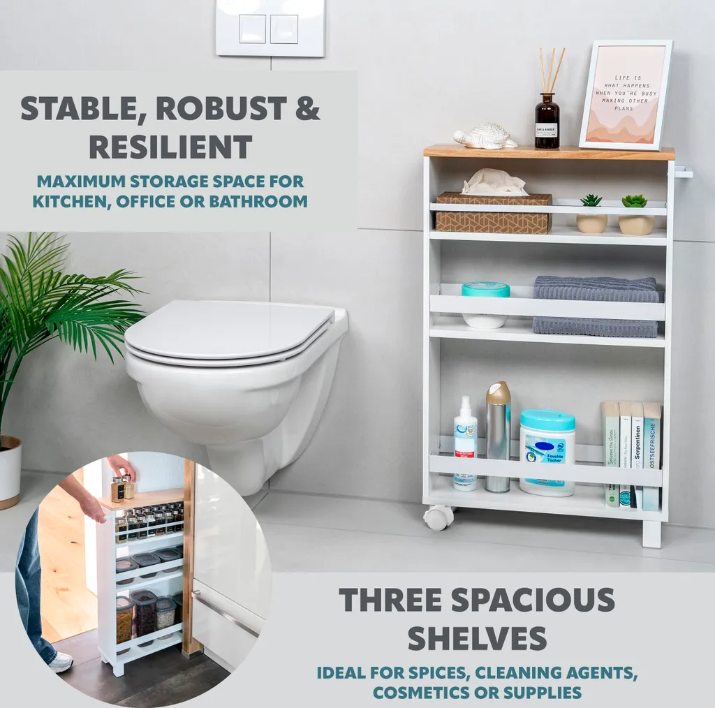 carrello a nicchia per cucina eluno, carrello per cucina, organizzatore per bagno a 3 livelli, legno, bianco - 5