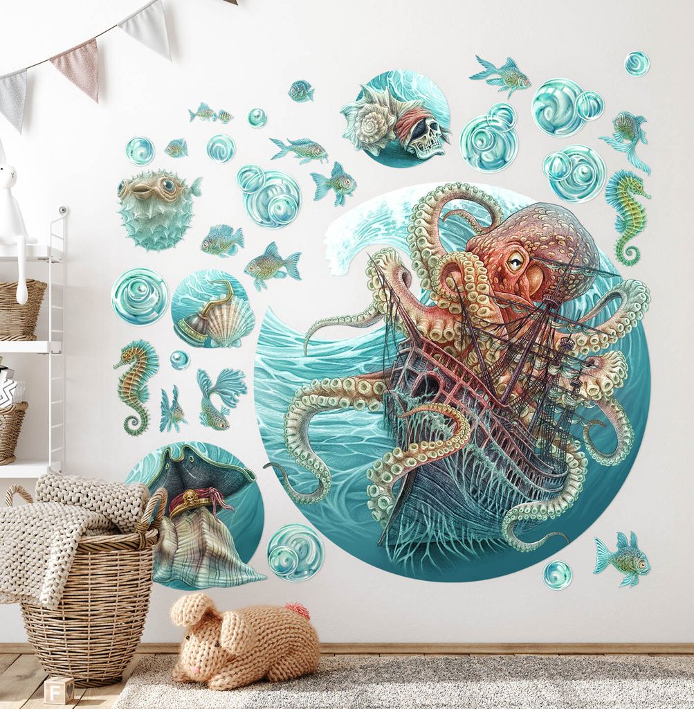 Welt der Krake– Wandgestaltung – Wandbilder Kinder – Motivtapeten Set – Wanddekor Kinderzimmer – Selbstklebende Wandsticker – 60x70 cm