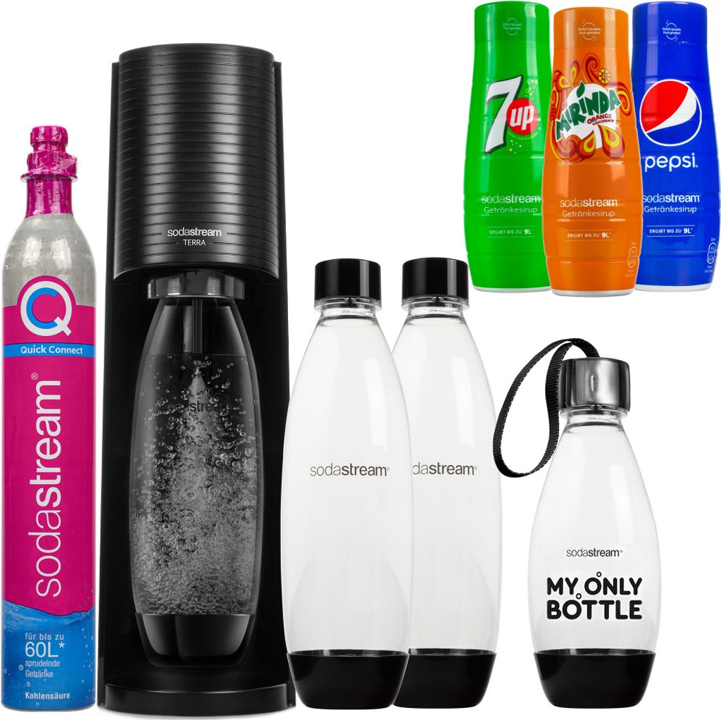 Sodastream Wassersprudler Terra Schwarz Set mit 3 Flaschen Sirup Kartusche