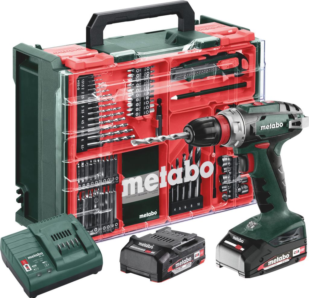 Metabo Akku-Bohrschrauber BS 18 Quick Set, incl. 2x Akku Li-Power 2 Ah, Ladegerät, Zubehör-Set, Kunststoffkoffer