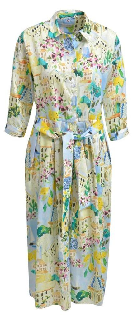 SHIRT BLOUSE DRESS W/ WIDE MIDI SKI 1601 LIGHT BLUE PRINT Größe 42