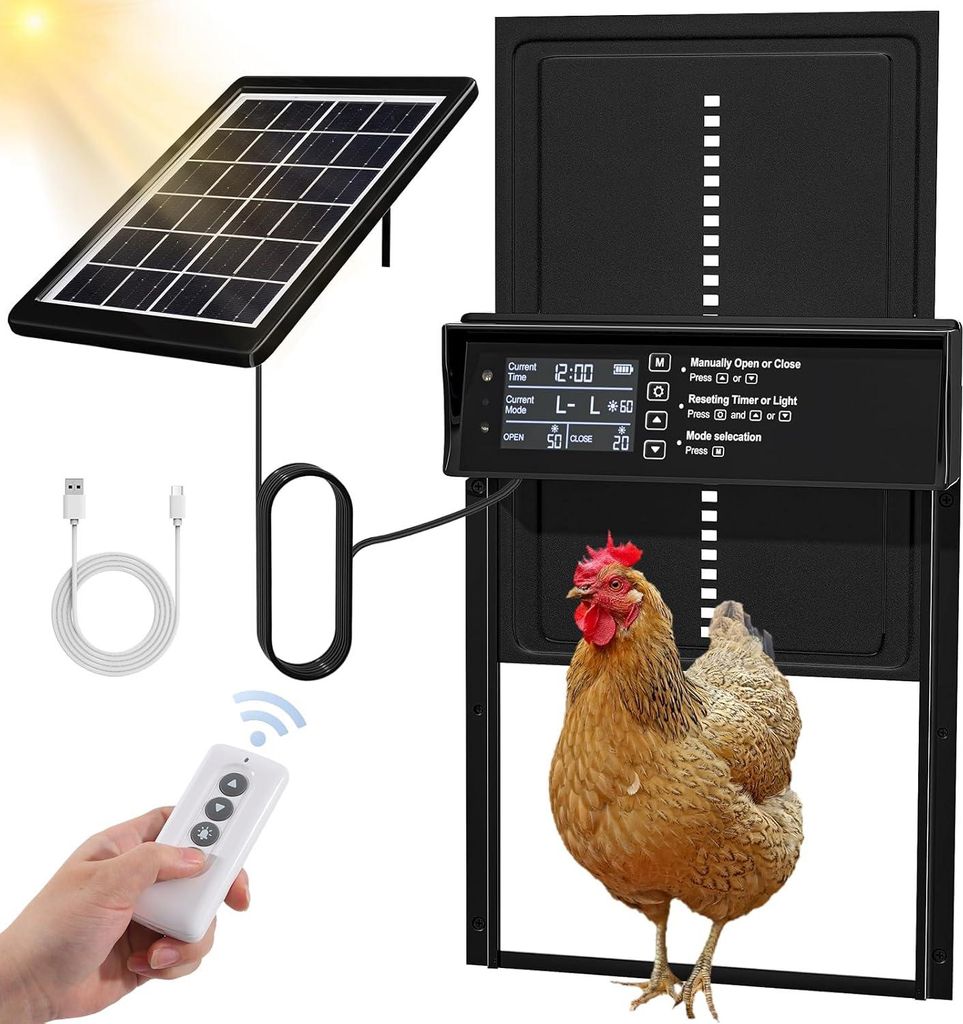 Solarbetriebene Hühnerstalltür, automatische Hühnerstalltür mit USB-Ladefunktion, automatische Hühnerstalltür mit 4 Modi, Timer und Lichtsensor