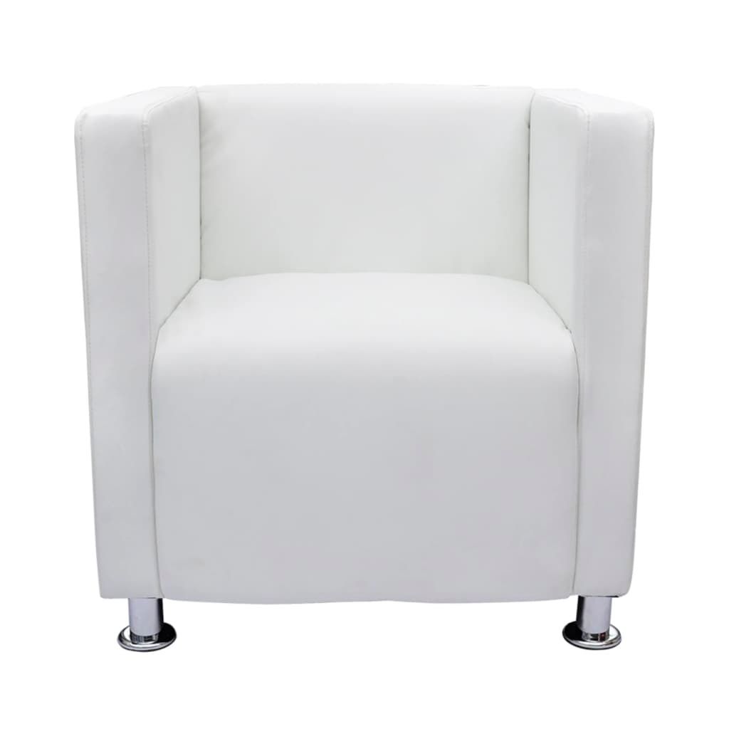 A white cube armchair against a white background.