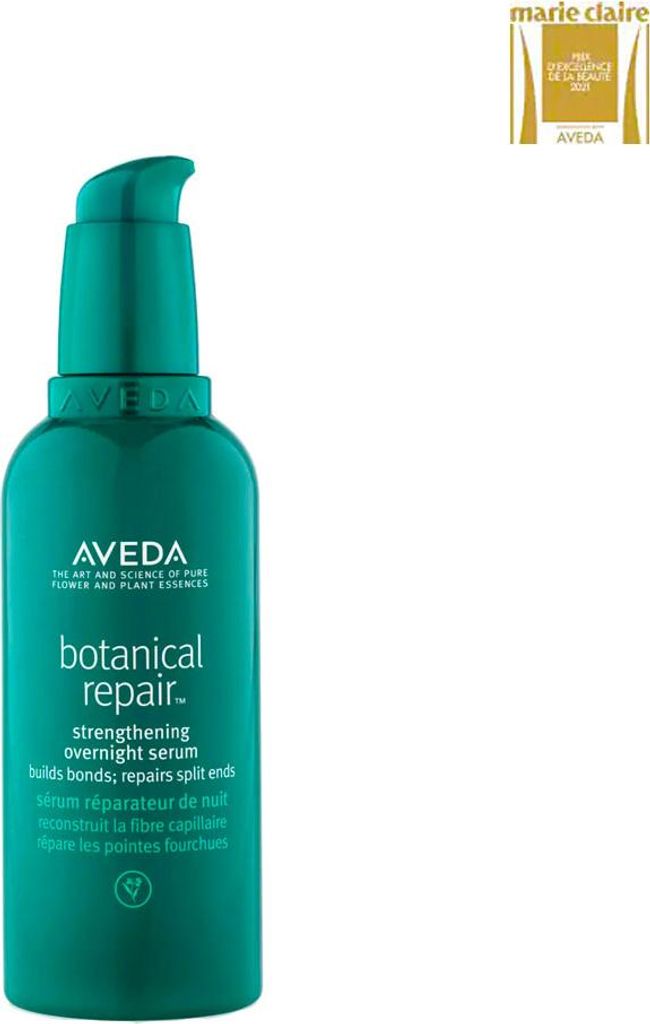 A product shot of an Aveda Botanical Repair Strengthening Overnight Serum bottle with a Marie Claire award badge in the top right corner.