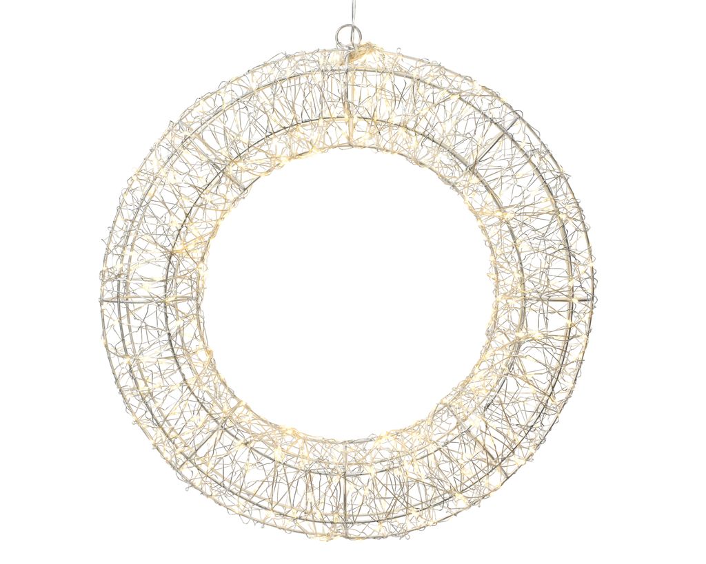 A lit wreath on a white background.