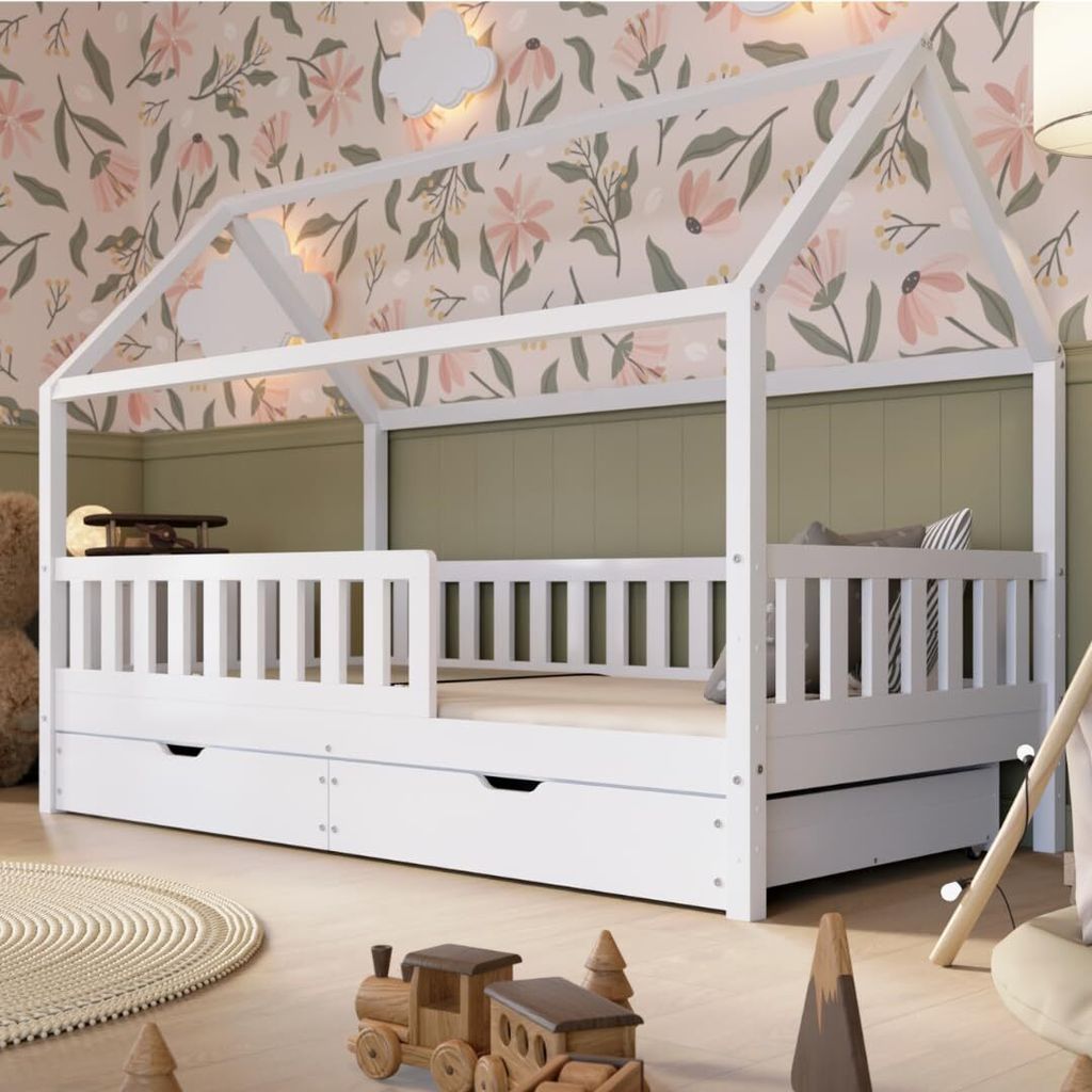 Crazy Pine Hausbett mit Schubladen 120x200 cm – Kinderbett aus Naturholz in Weiß – Montessori Bodenbett mit zusätzlichen Stauraum - Crazy Blanco