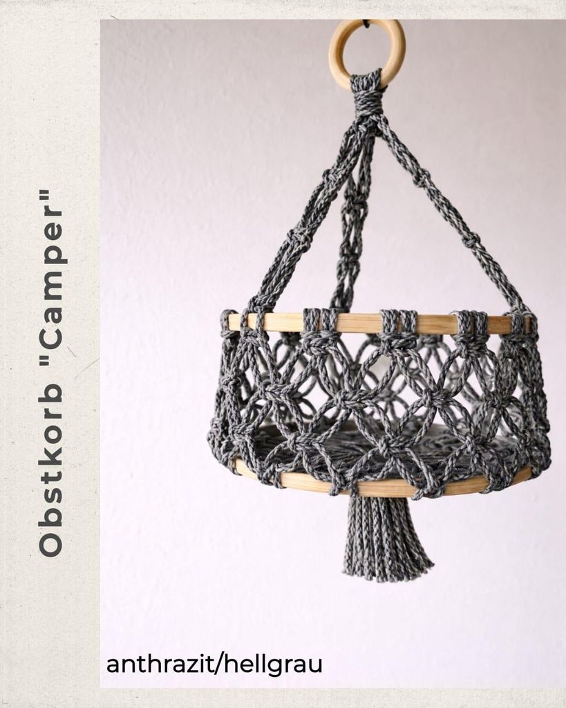 Makramee Obstkorb "Camper" - Camping Korb ideal für Vanlife WoMo - Vintage Boho Deko - Geschenk Hochzeit Geburtstag - Farbe HELLGRAU/ANTHRAZIT